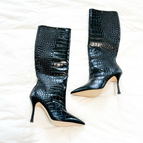 NWOB Larroude Kate Black Croc Stamped Leather Knee High Boots Size 6 - Picture 6 of 10